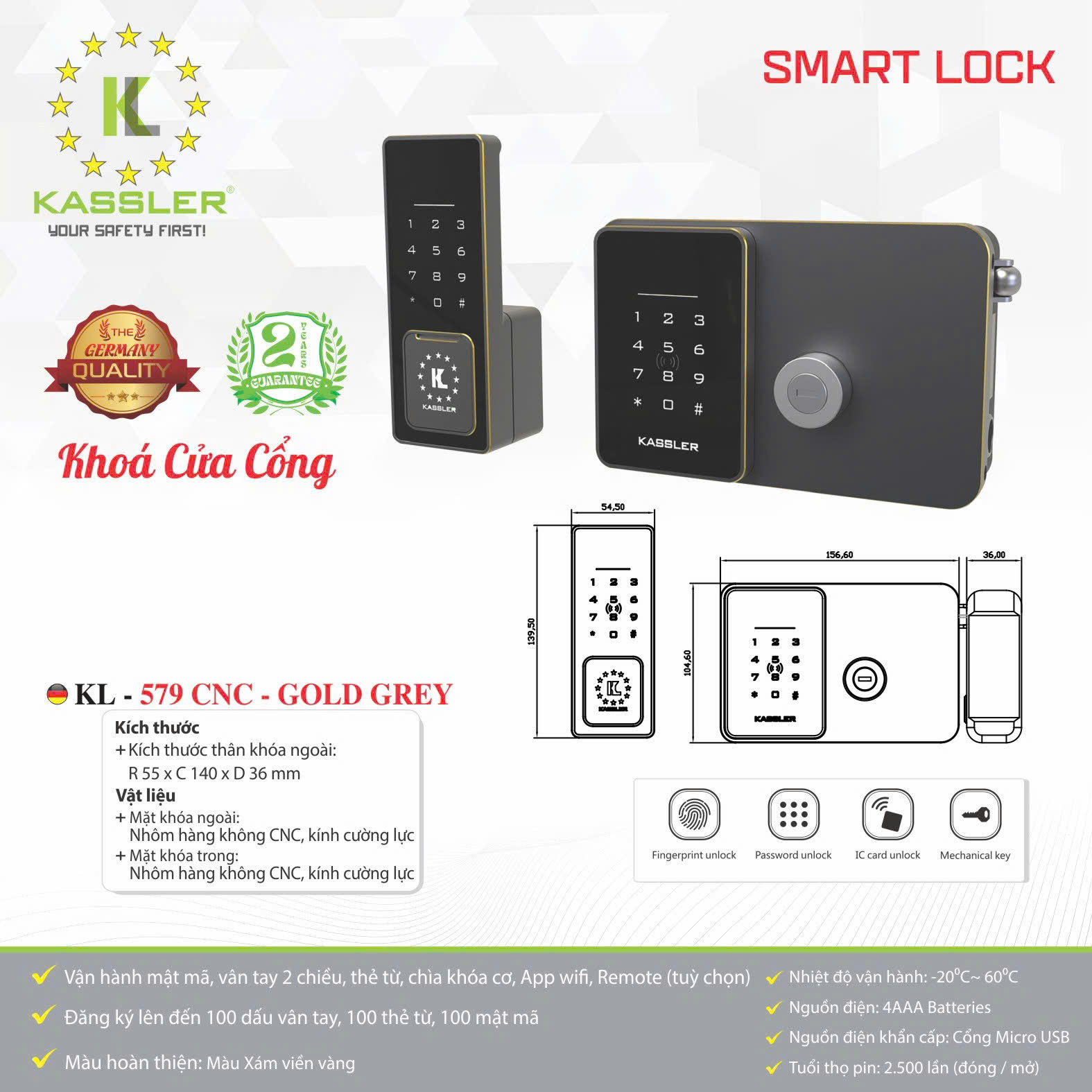 Khóa cửa cổng, cửa sắt vân tay Kassler KL-579 CNC chống nước