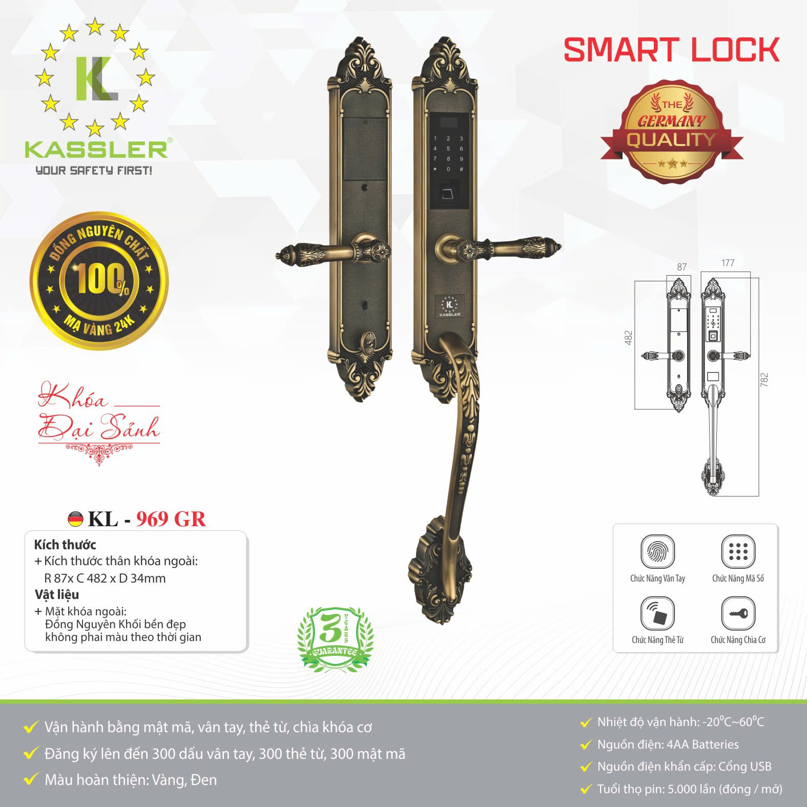 Khóa cửa vân tay tân cổ điển Kassler KL-969 Đồng Thau