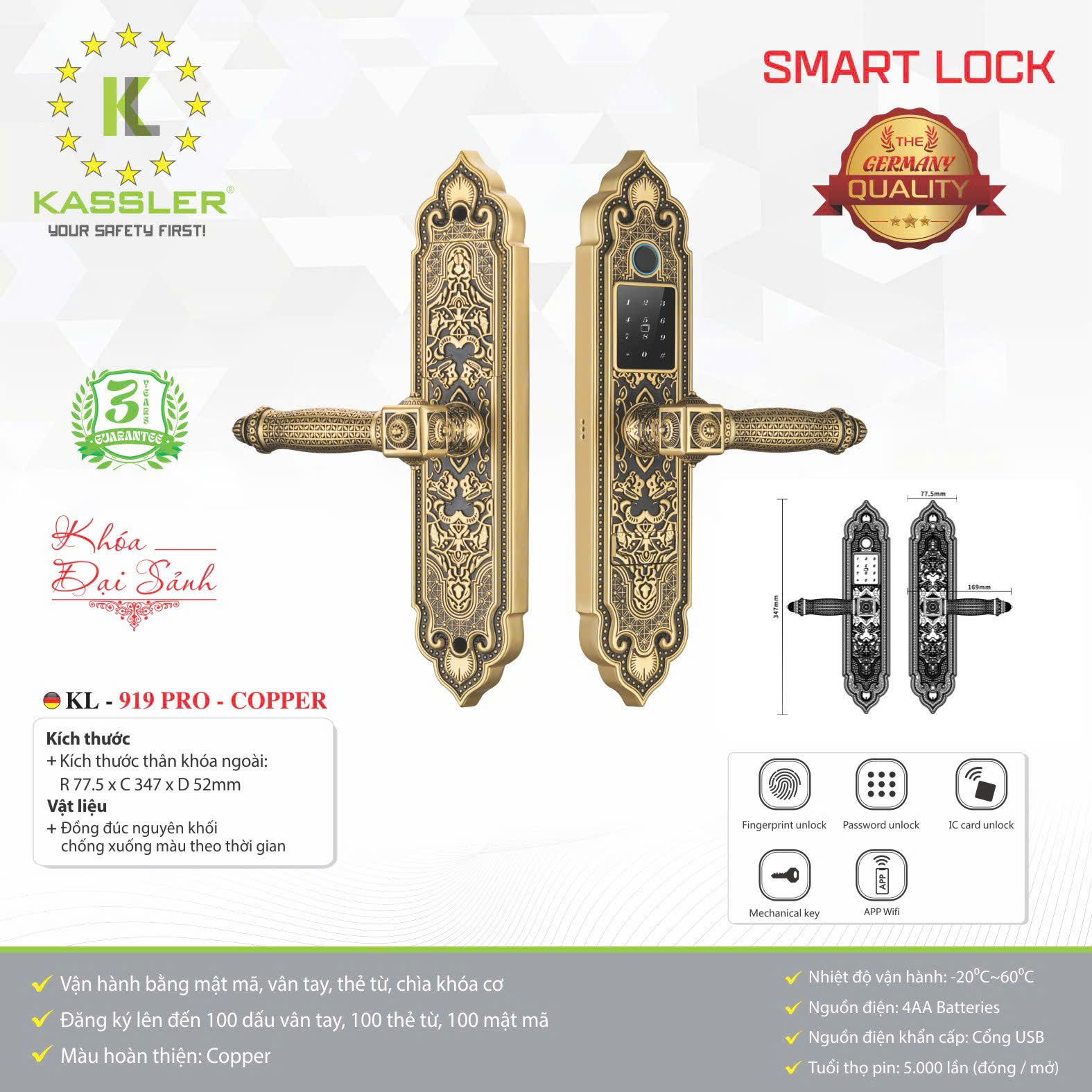 Khóa cửa vân tay tân cổ điển cao cấp Kassler KL-919 PRO