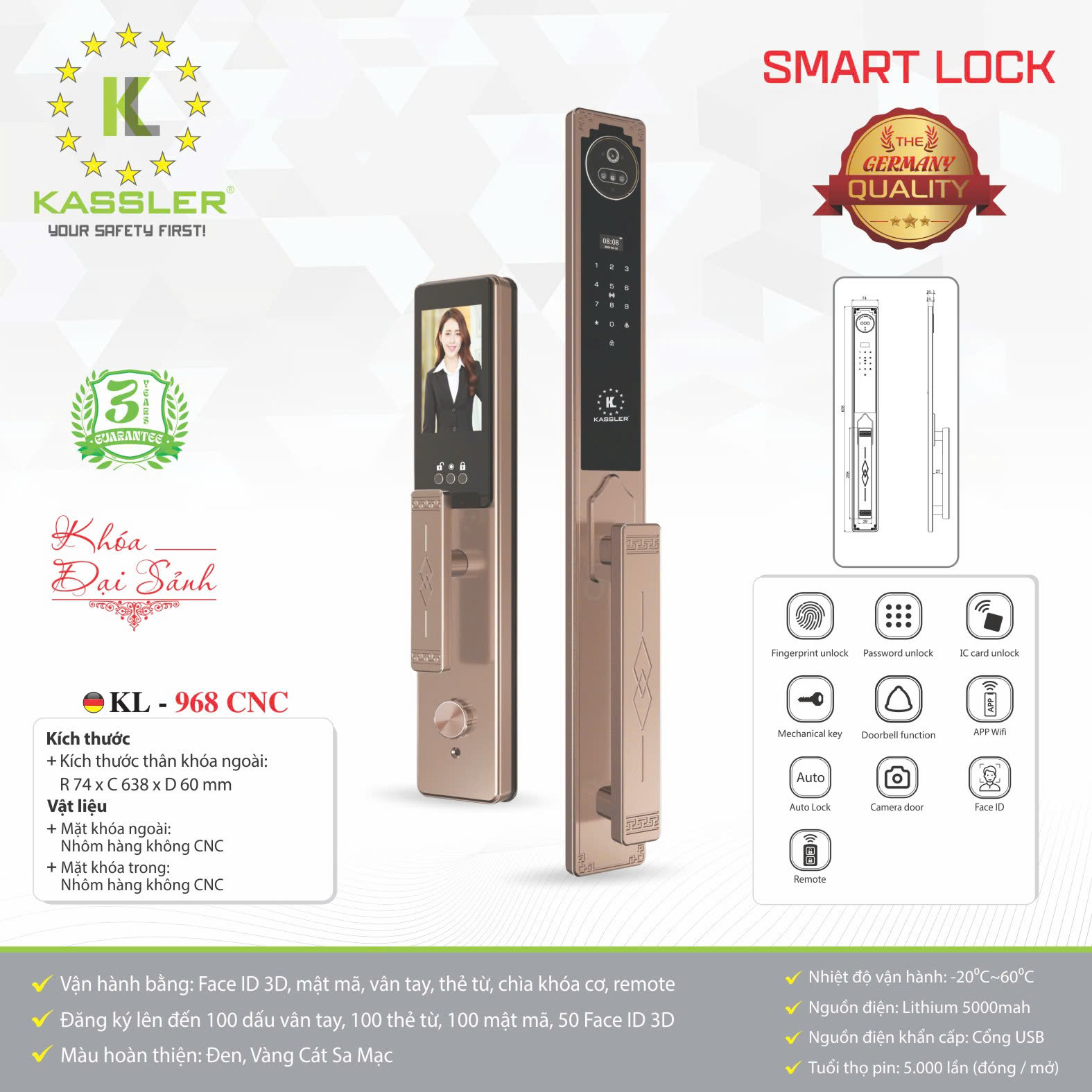 Khóa cửa vân tay cao cấp Kassler KL-968 CNC