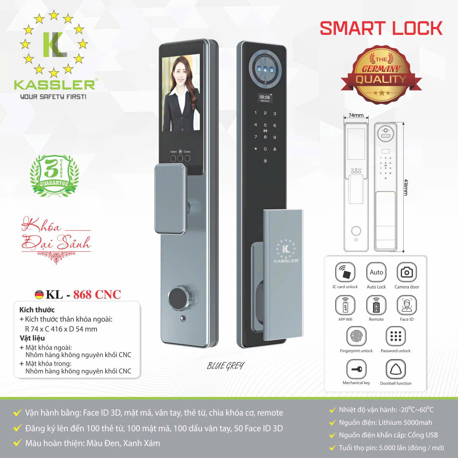 Khóa cửa vân tay cao cấp Kassler KL-868 CNC