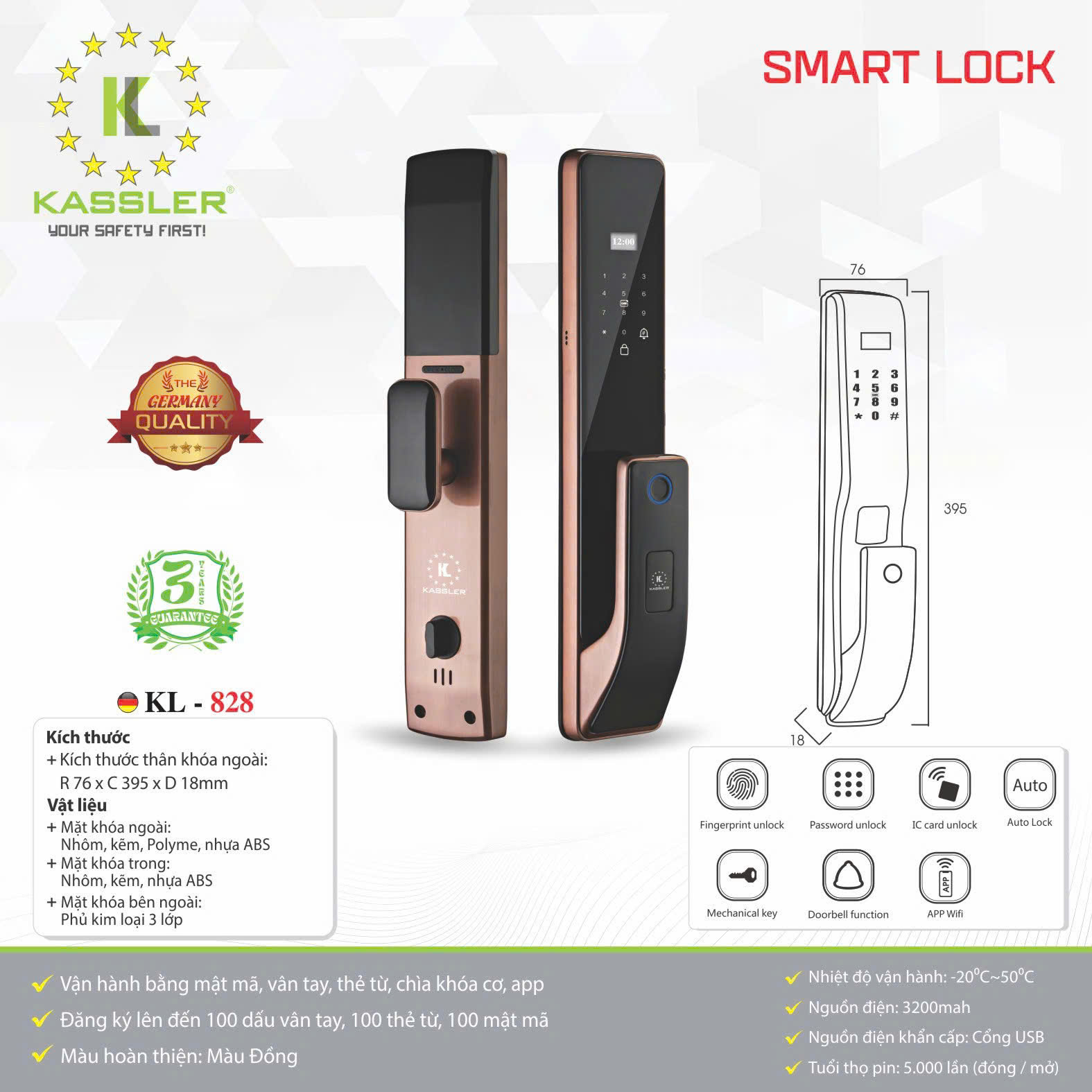 Khóa cửa vân tay tự động Kassler KL-828