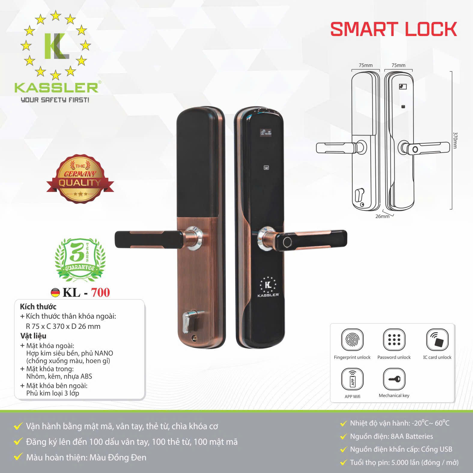 Khóa cửa vân tay Kassler KL-700 APP WIFI