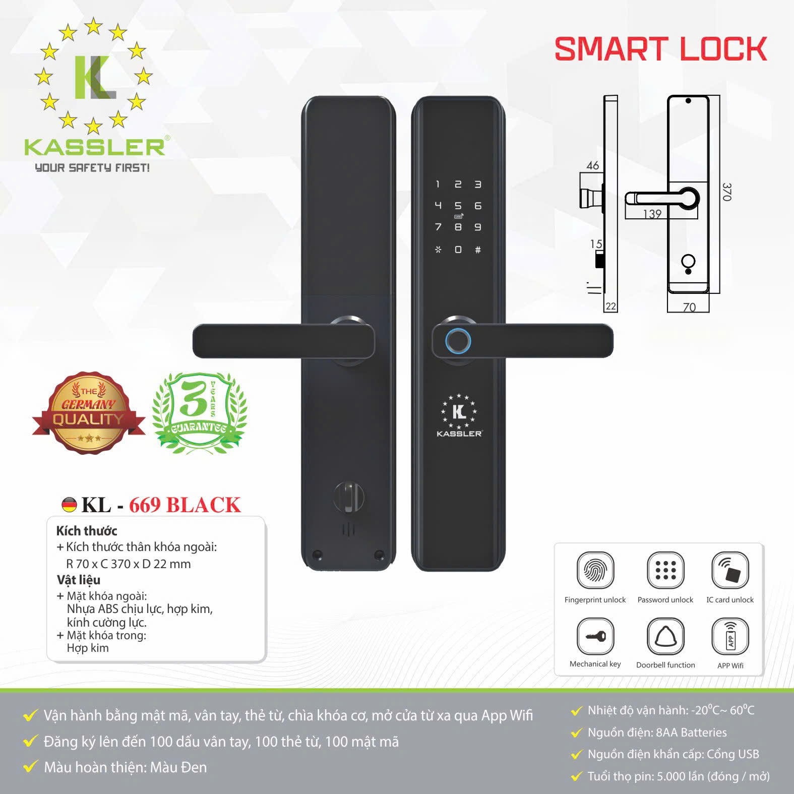 Khóa cửa vân tay Kassler KL-669 APP WIFI