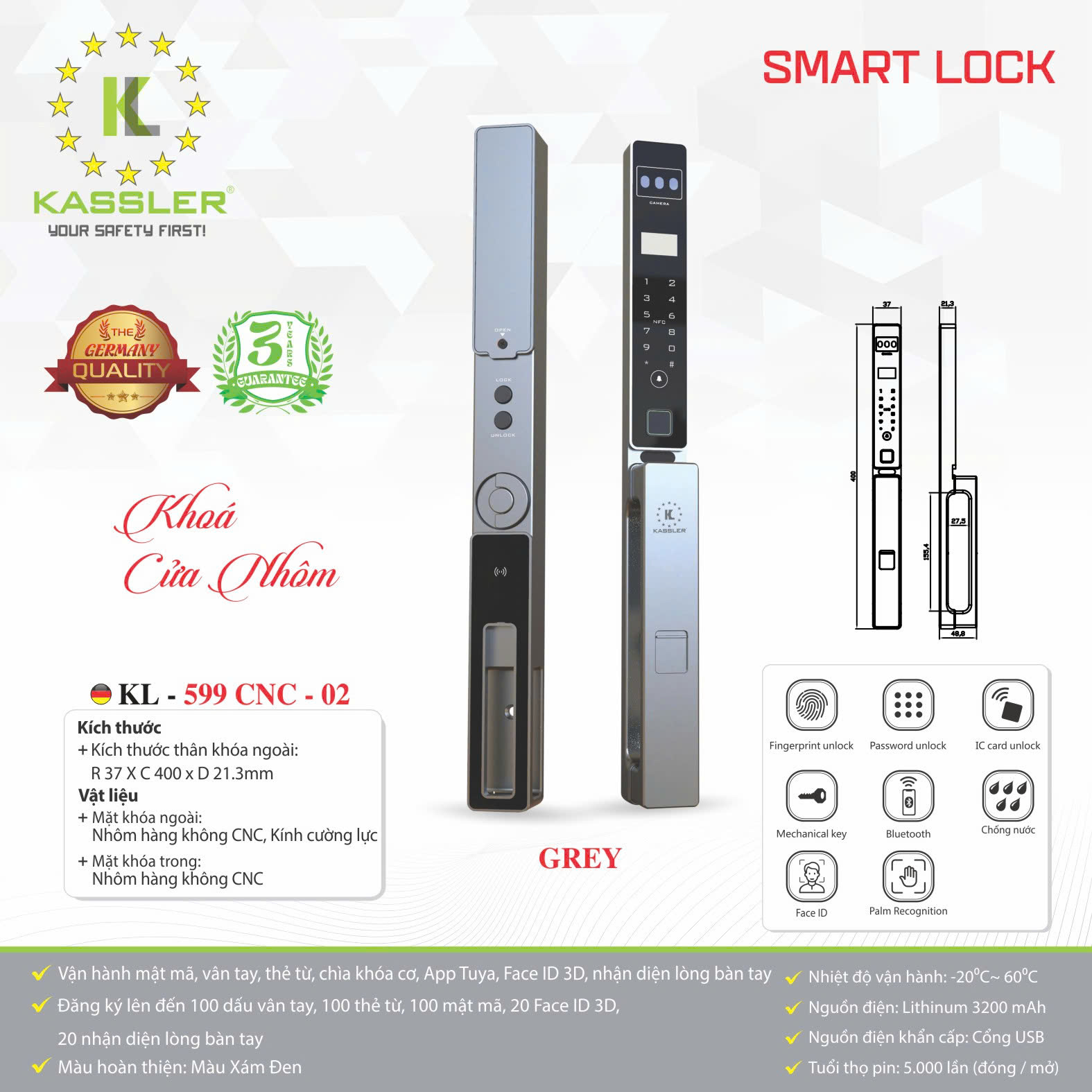 Khóa vân tay cửa nhôm Kassler KL-599 CNC-02 FaceID