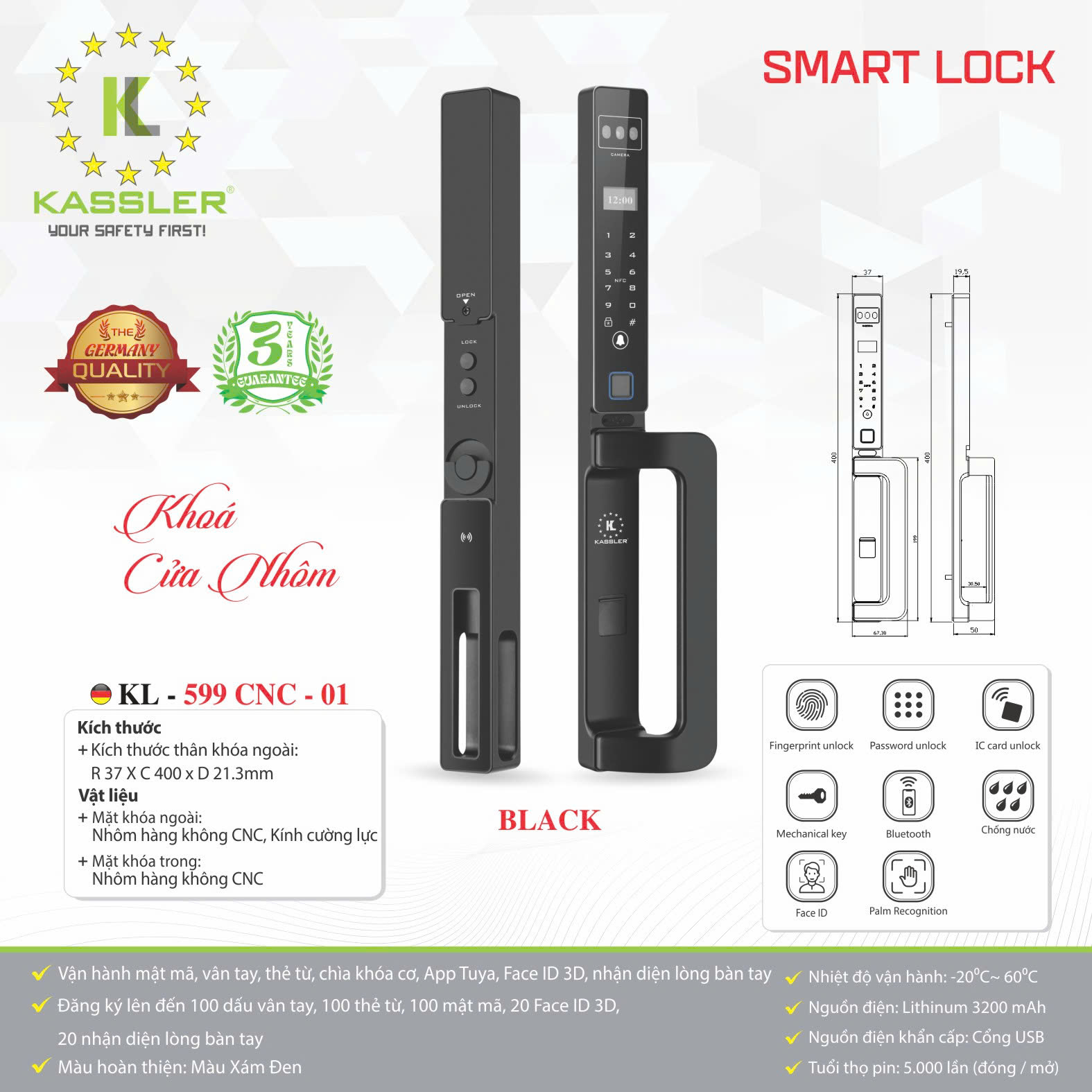 Khóa vân tay cửa nhôm Kassler KL-599 CNC-01 FaceID