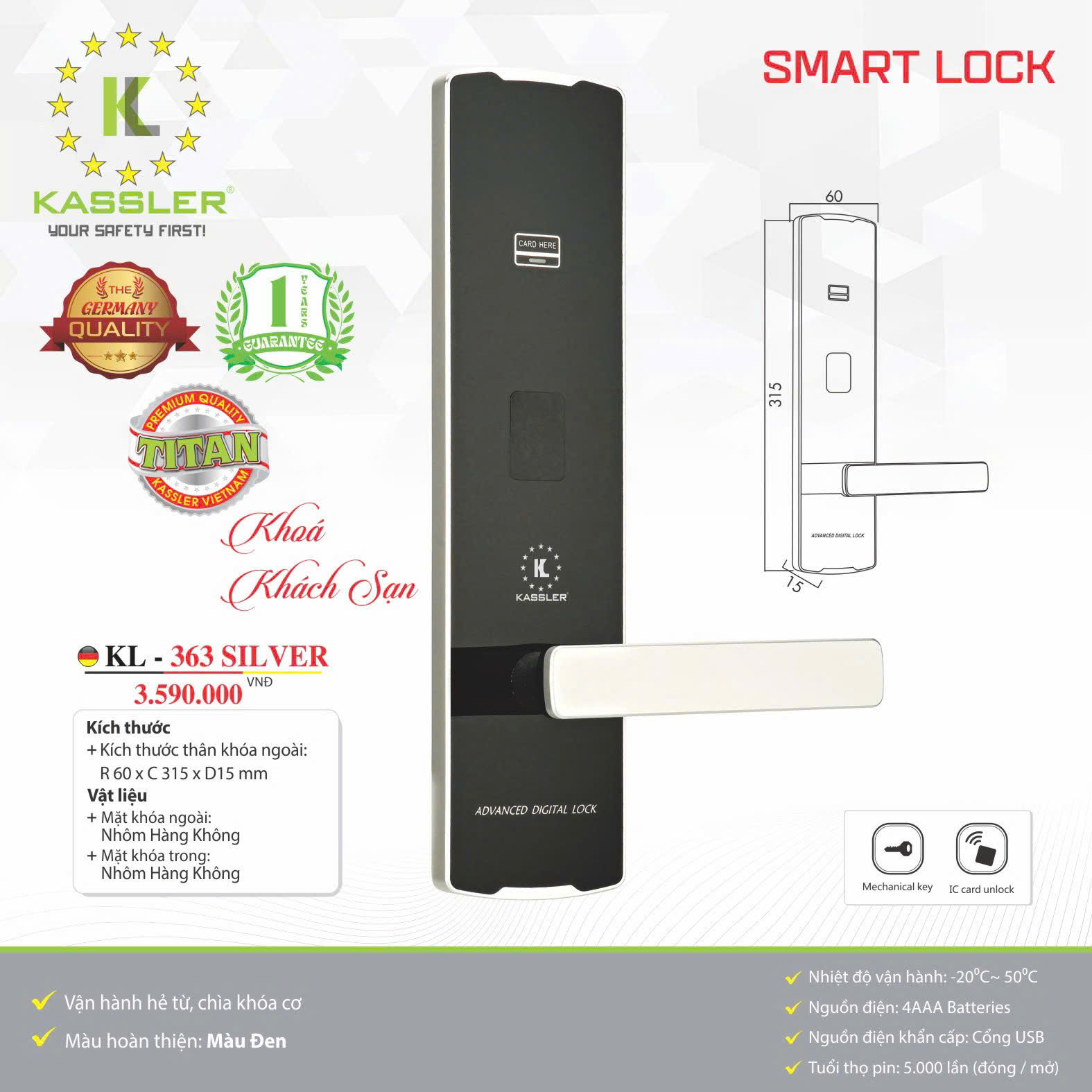 Khóa thẻ từ khách sạn Kassler KL-363 hợp kim cao cấp
