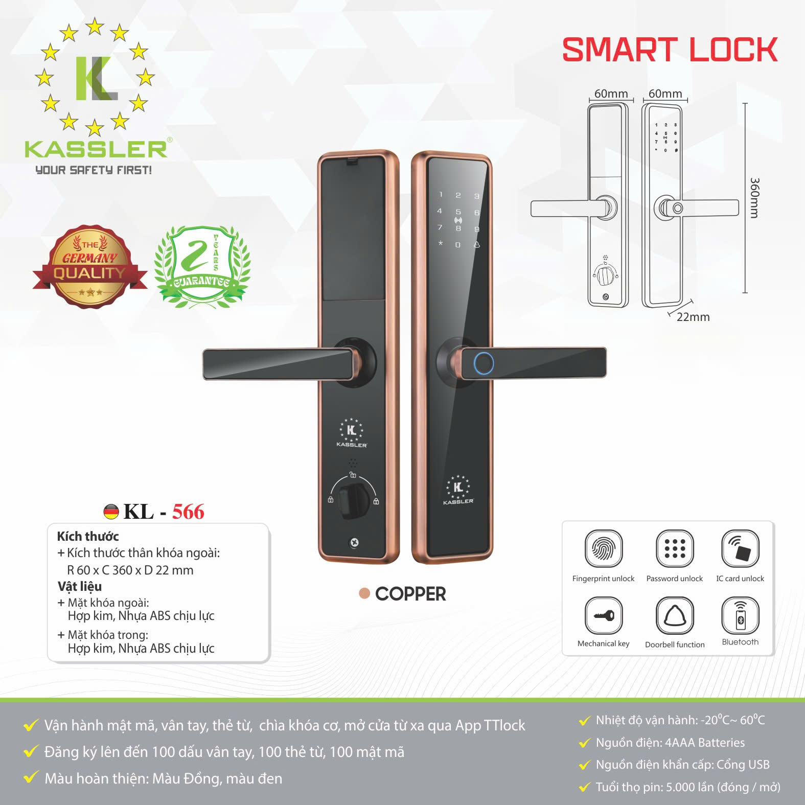 Khóa cửa vân tay Kassler KL-566 APP TTLOCK