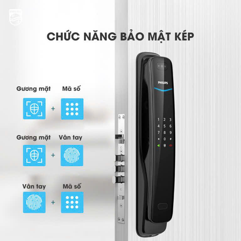 Khóa vân tay cửa gỗ Philips DDL702-8HWS FaceID 3D